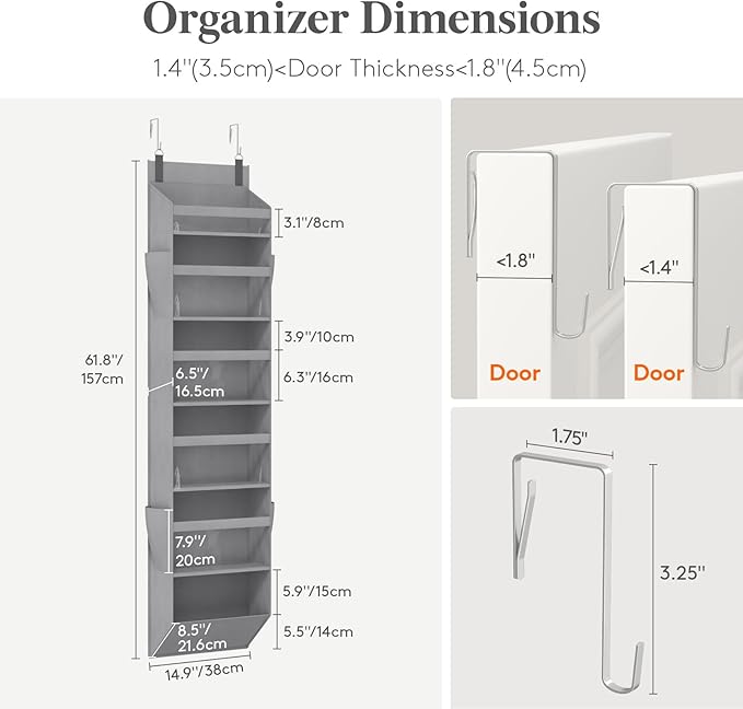 Lifewit 1 Pack Over the Door Organizer, 6 Section Clear Window Hanging Storage with 4 Side Pockets, Sturdy Anti Tilt 40 lbs Load Behind Door for Closet, Bedroom, Bathroom, Nursery, Dorm, Light Gray