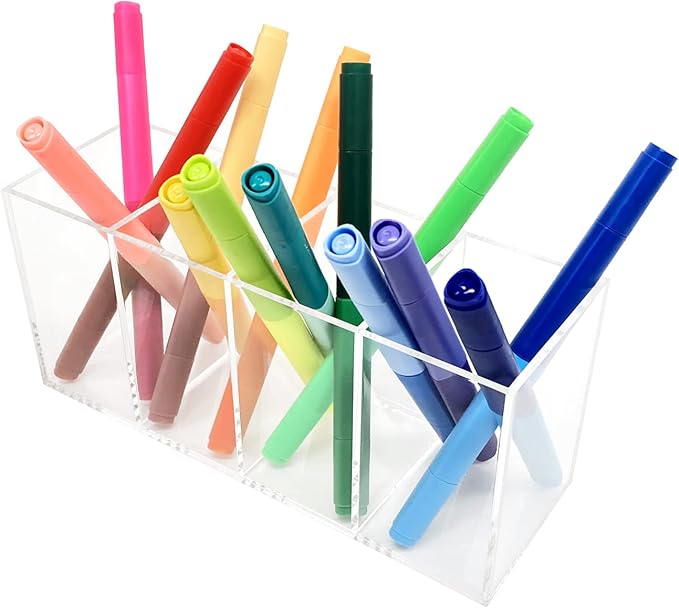 Acrylic Pen Holder 4 Compartments Clear Pencil Holder Organizer Makeup Brush