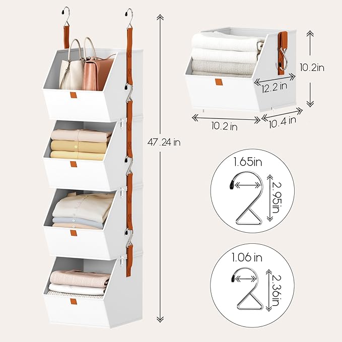 Homsorout Hanging Closet Organizer 4 Tier - Clothes Hanging Shelves, Space-Saving Closet System, Fabric Storage Bins Bedroom Organization, Collapsible Baskets for Home, Dorm, Rv, White, 8 Pack