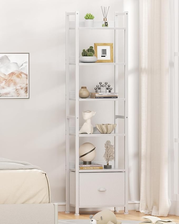 6 Tier Bookshelf, Tall Shelf with Drawer, White