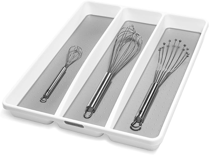 madesmart 3 Compartment Utensil Tray, Multi Purpose Storage Organizer, Non Slip Lining,Deep Storage for Ladles, Whisks & Serving Tools, for Drawers & Home Organization, White