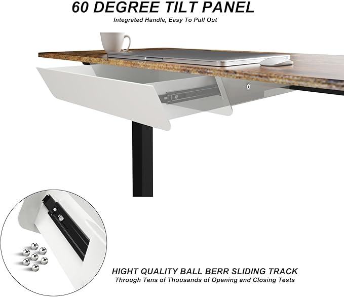 White Under Desk Mounted Sliding Drawer with 60 Degree Tilt Panel to pull out, 15'' long & 9'' deep Large Storage Organizer for Sit Stand Workstation
