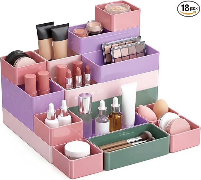 Teenyyou 18 Pcs Drawer Organizer Stackable 4 Size Makeup Drawer Organizer Trays Acrylic Bathroom Vanity Storage Bins for Cosmetic, Jewelries, Office Supply, Kitchen Utensils(Multicolor,Glossy)