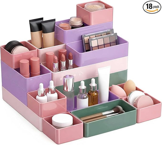 Teenyyou 18 Pcs Drawer Organizer Stackable 4 Size Makeup Drawer Organizer Trays Acrylic Bathroom Vanity Storage Bins for Cosmetic, Jewelries, Office Supply, Kitchen Utensils(Multicolor,Glossy)