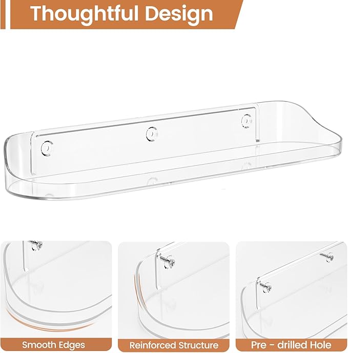 SpaceWhisper Floating Shelves for Wall, 2-Pack 15" Wall Shelves for Bathroom, Bedroom, Kitchen, Living Room, Display Hanging Shelf Organizer for Book, Picture Ledge, Figure Storage, Room Decor (Clear)