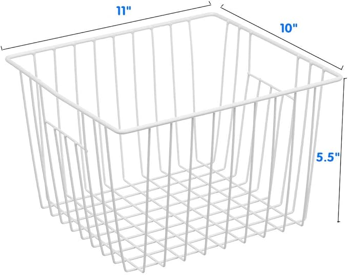 Upright Freezer Organizer Bins， Freezer Baskets for 14, 15 cu.ft Standup Freezer, Wire Storage Baskets with Built-in Handles for Frozen Foods, Snacks, Vegetables, Fruits and More, 4Pcs , White