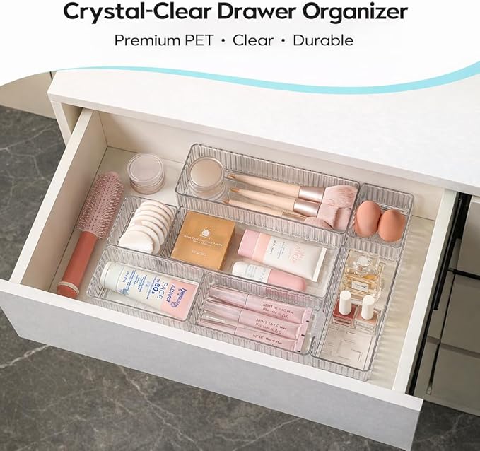 7 PCS Clear Drawer Organizer Bins, Stackable Office Desk Drawer Organizers with 7 Connector Clips, 4 Sizes Plastic Drawer Trays for Office Supplies, Bathroom, Vanity, Makeup & Kitchen