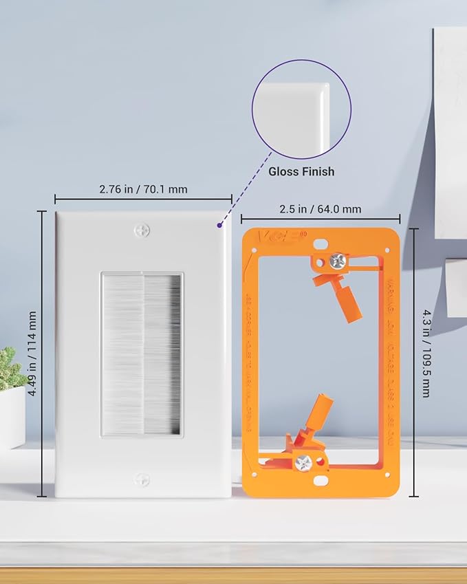 VCE Brush Wall Plate Cable Pass Through with Bracket, Decorator Cover for Low Voltage Cables - White, 2-Pack (2, Orange)