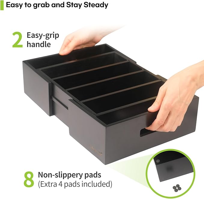 CLEANCLUE Expandable Kitchen Cabinet Organizer for Food Storage Container Lids, Bamboo Drawer Caddy Adjustable Dividers, Box for Kitchen Storage and Organization, Lids Organizer for Cabinet (Black)