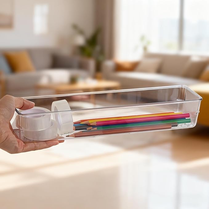 6 Pcs Large Clear Plastic Drawer Organizers Tray 12"x3" Storage Bins with 25 Pcs