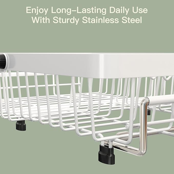MAJALiS White Dish Drying Rack Over The Sink, Expandable Stainless Steel Dish Drainer for Small Kitchen Counter Space Saving, RV Compact Plate Strainer in Metal with Hanging Adjustable Utensil Holder