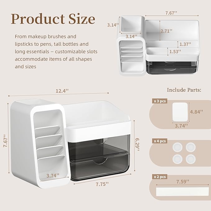 Makeup Organizer for Vanity with 5 Adjustable Dividers & 2 Clear Drawers, Large Make Up Brush & Perfume Holder, Cosmetic Display Cases Skincare Storage for Bathroom Countertop, Office, Pantry, Kitchen