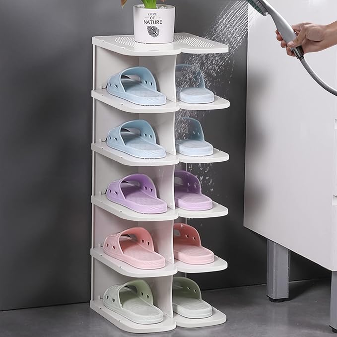 6-Tier Narrow Shoe Organizer, Adjustable Cubby Shoe Rack for Closet, Free Standing Shoe Slot Tower for Entrance, Stackable Space-Saving Shoe Storage Shelf for Entryway, White
