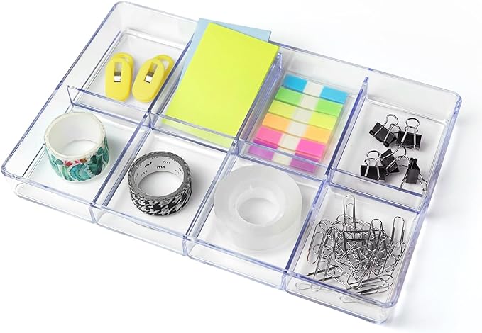 carrotez Small Stackable Jewelry Organizer Tray, 8 Grid, Clear Plastic Drawer Organizer for Makeup, Accessories, Desk, Vanity
