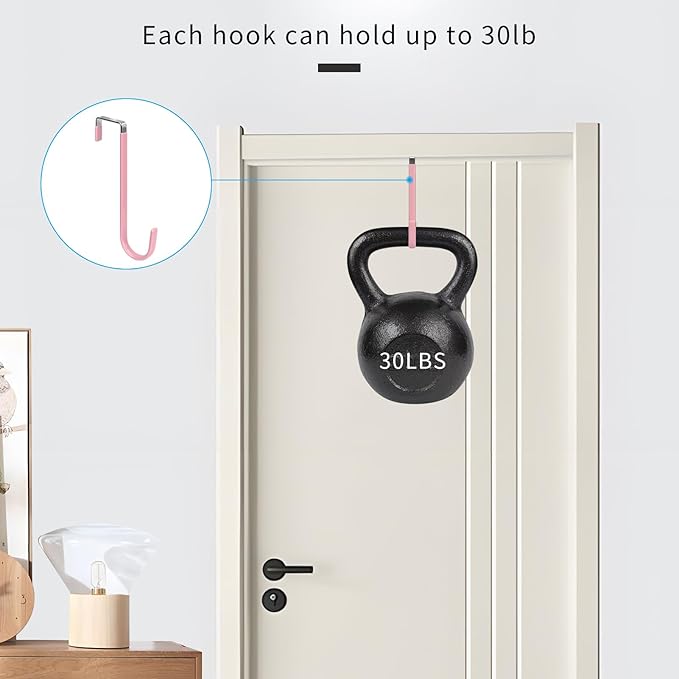 FYY Over the Door Hooks, 4 Pack Upgraded Long Door Hangers Hooks with Rubber Prevent Scratches Heavy Duty Organizer Hooks for Hanging Clothes, Towels, Hats, Coats, Bags Pink