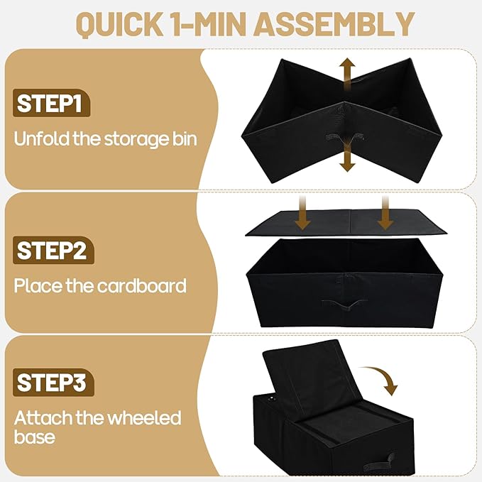 Large Under Bed Storage with Wheels, 10" Height Rolling Underbed Storage Containers Bins with Lid, Deep No-Assembly Under Dorm Bed Storage Drawers for Shoes, Clothes, Blankets (2 Pack, Black)