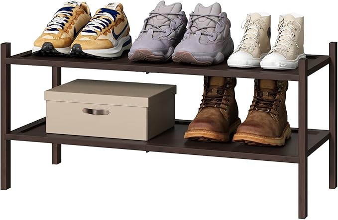 kiplant Bamboo Shoe Rack for Entryway, 2-Tier Stackable | Foldable | Natural, Shoe Organizer for Hallway Closet, Free Standing Shoe Racks for Indoor Outdoor