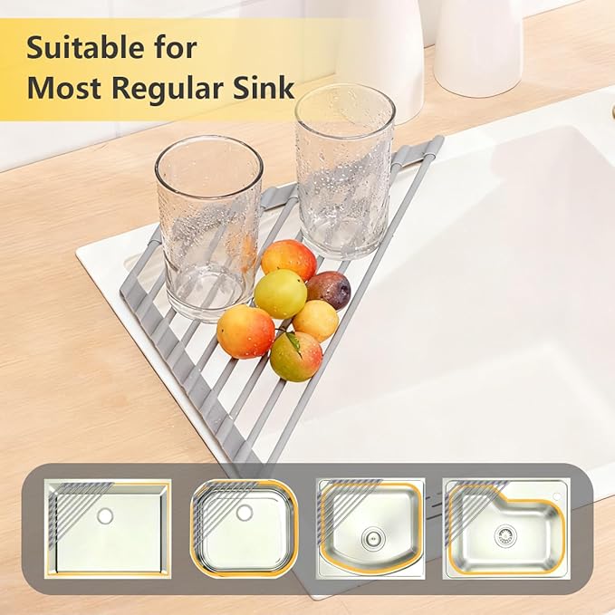 Credon Triangle Roll Up Dish Drying Rack, Foldable Anti-Slip Kitchen Sink Drainer Organizer, Silicone Coated Stainless Steel Frame, Multipurpose Over Sink Corner Caddy for Space Saving (Grey)