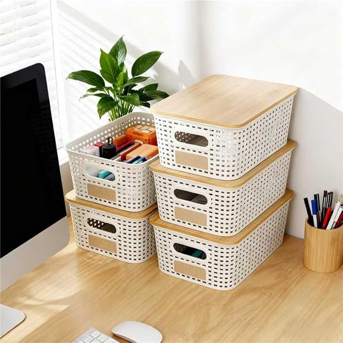 6Pcs Storage Bins with Lids, Stackable Plastic Storage Basket with Bamboo Lid, Pantry Organizer Box Small Containers for Organizing Shelves Drawer Desktop Closet Cabinet Office Classroom 10x7.1x4.1in