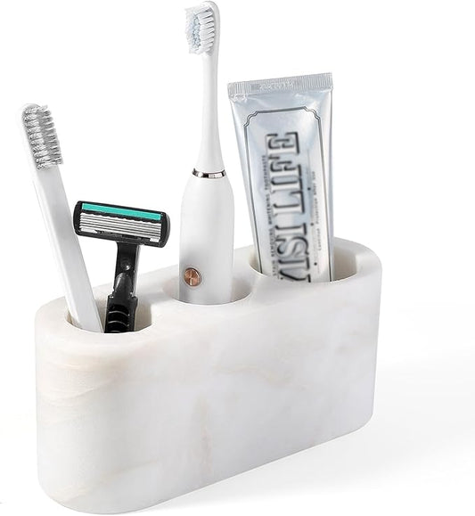 Toothbrush Holder for Bathrooms, 3 Slots Marble Toothbrush Organizer, White