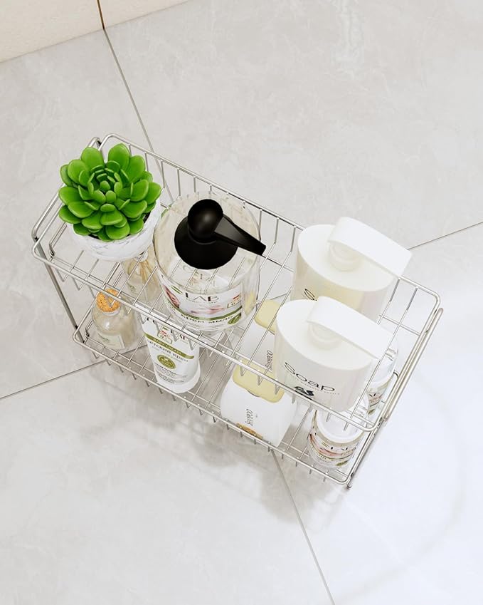 YQh 2-Tier Bathroom Storage Organizer Rack, Stainless Steel Shower Caddy, Counter and Vanity Shelf