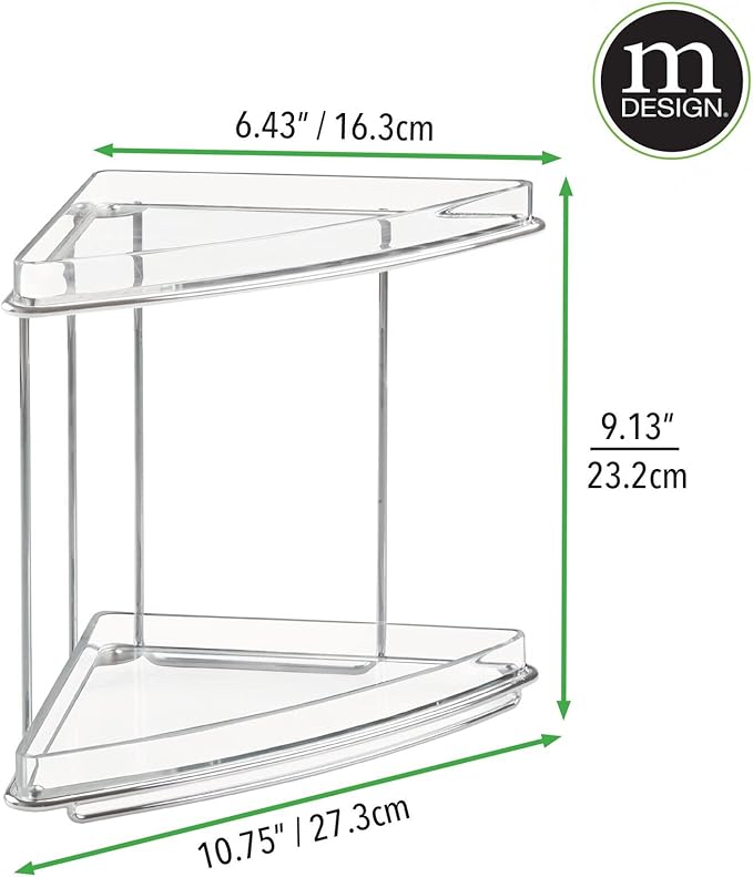 mDesign Steel/Plastic Freestanding Countertop Corner Shelf Organizer with 2-Tier Storage for Bathroom, Vanity, Cabinet, Counter - Holds Makeup, Bath Gel - Prism Collection - Clear