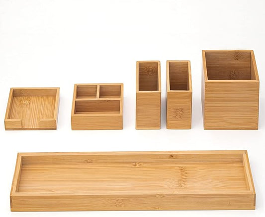 Bamboo Vanity Tray, 6-Piece Bathroom Countertop Vanity Tray Set