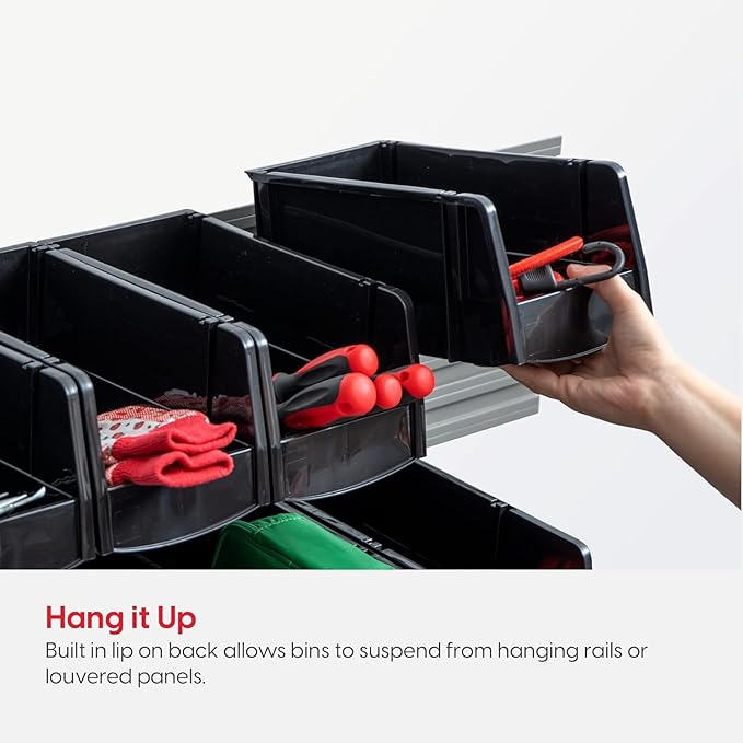 IRIS USA Extra Large Stackable Storage Bins, 6-Pack, 13"L x 10"W x 8"H, |Made in USA|, Plastic Open Front Shelf Bin for Organizing Parts, Hardware, Tools, Supplies, Garage Shelf, Pantry - Black