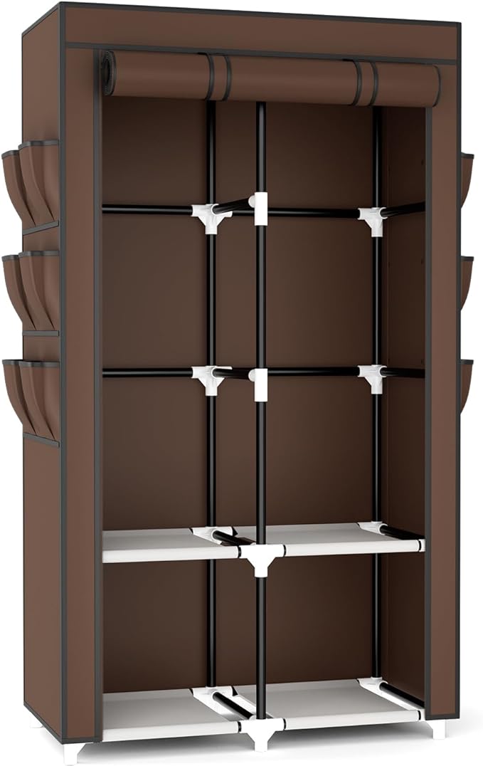 Portable Closet Wardrobe for Hanging Clothes with 4 Storage Shelves, Brown
