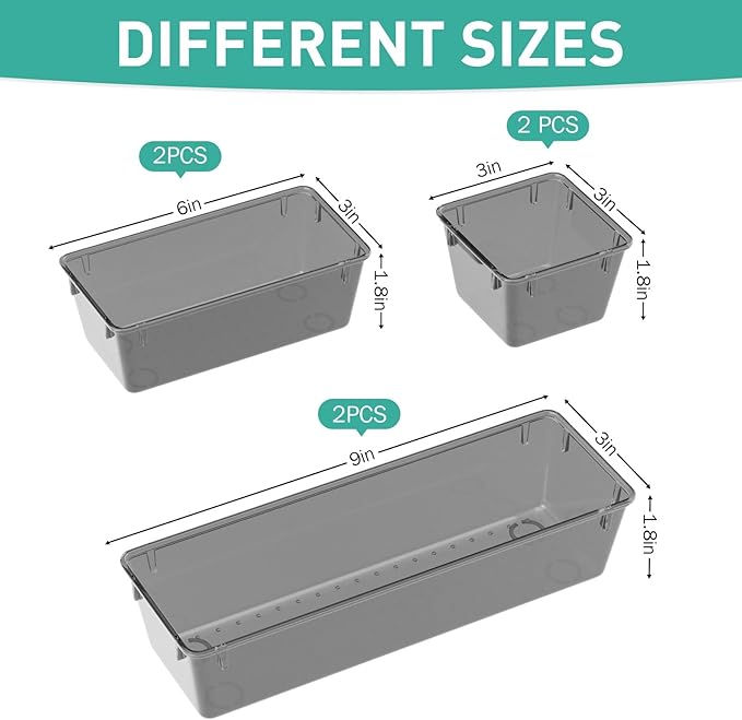 6 Pack Clear Drawer Organizer Set, Acrylic Drawer Storage Trays, Black
