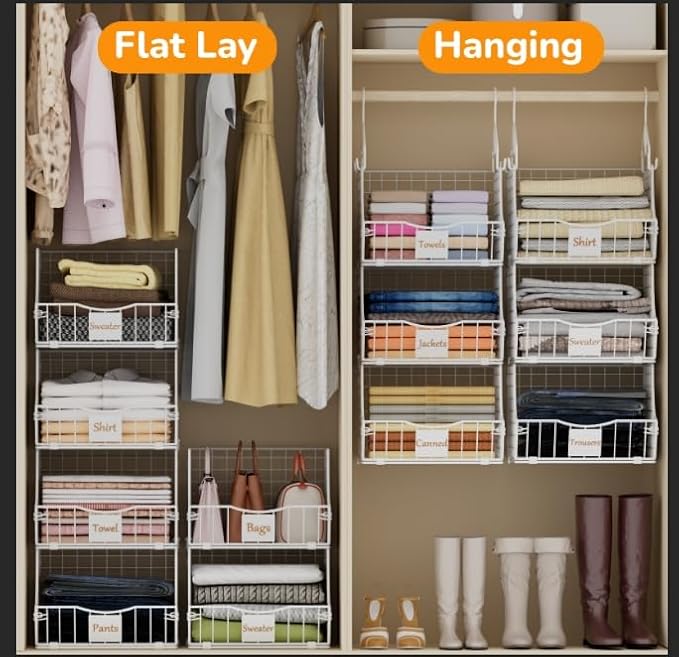Hanging Closet Organizers and Storage, 5 Tier Closet Shelf Clothes Organizer with 2 S-Hooks, Multi-Functional Iron Wire Baskets, for Clothing, Sweaters, Handbags, Hat, Canned