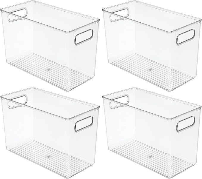 mDesign Plastic Food Storage Container Bin with Handles - for Kitchen, Pantry, Cabinet, Fridge/Freezer - Narrow for Snacks, Produce, Vegetables, Pasta - BPA Free, Food Safe - 4 Pack, Clear