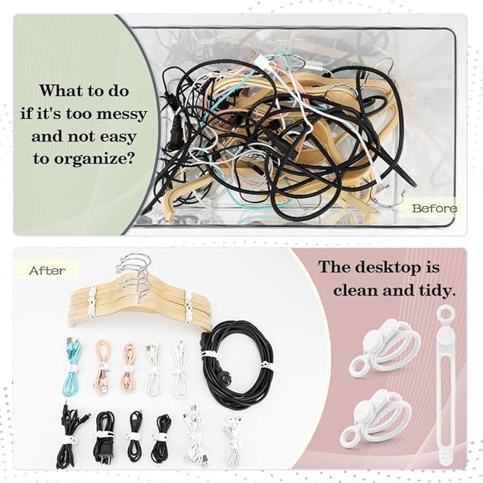24Pcs Silicone Cable Straps, Reusable Cable Ties Management Organizer, Reusable Cable Ties Wire Organizer, Silicone Cable Ties for Office Home Kitchen School Travel Organization