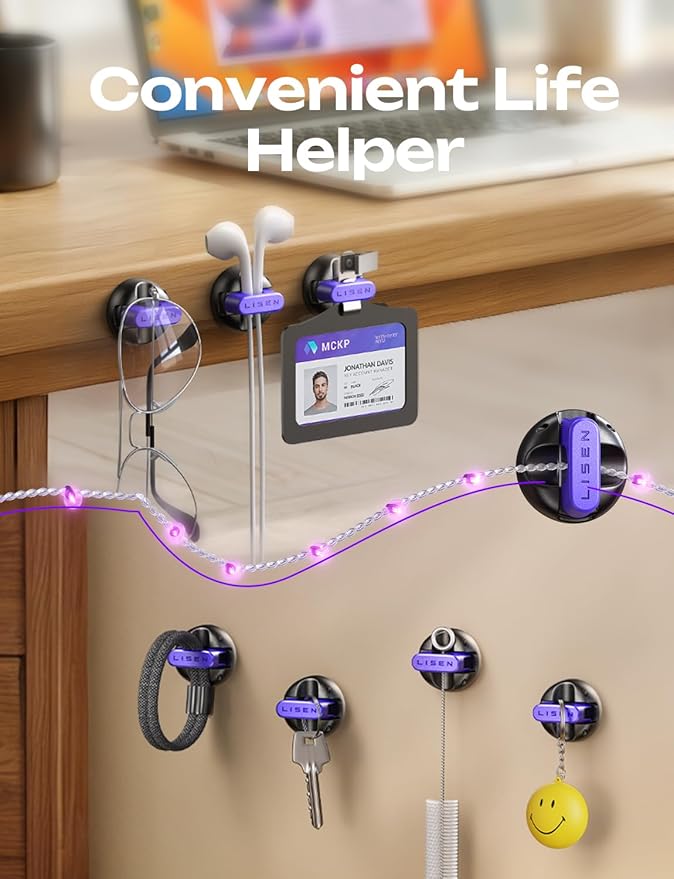 LISEN Magnetic Charging Cord Holder 8-Pack Charging Cord Organizer [1S Click-in], Easy Open Cable Holder with Strong Adhesive, Cable Management Clips Neatly for Nightstand, Desk, Home, Office, Purple
