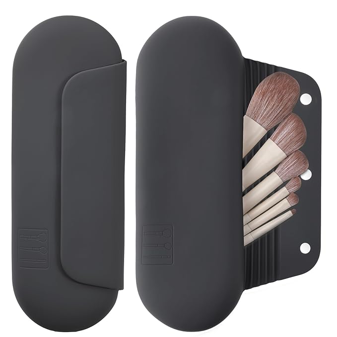 AGIKET Silicone Makeup Brush Holder Travel Cosmetic Bag：Soft Portable Cosmetic Face Brushes Holder with Upgrade Anti-Fall Out Magnetic Closure, Large Travel Makeup Brush Case - Grey