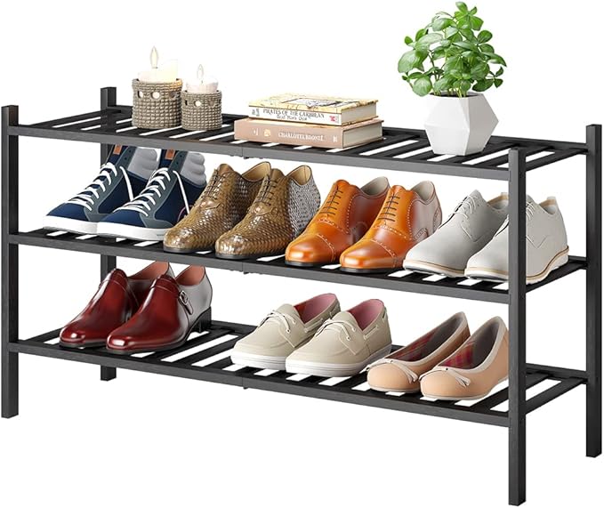 Long Shoe Rack, 3-Tier Bamboo Stackable Shoe Shelf Storage Organizer, Shoe Stand for Closet, Entryway and Hallway