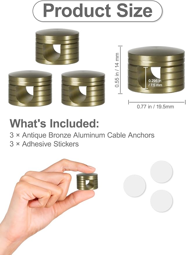 Strong Adhesive Cord Holder for Nightstand with Wider Base, 3 Pack Sleek Antique Bronze Aluminum Screw-top Cord Clips for Desk, Desk Cable Holder, Phone Cord Management Clips Secure Organizer