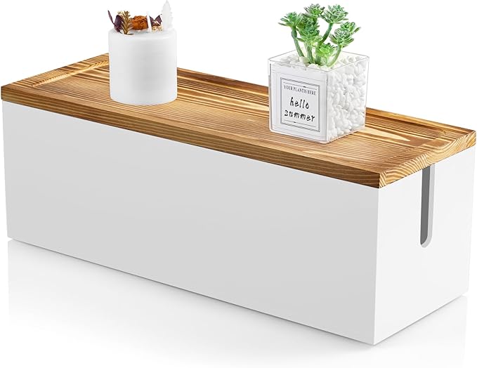 Large Cable Management Box, Wooden Cord Organizer Box for Desk, Floor, White