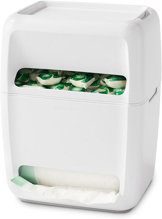 YouCopia SinkSuite Bag & Pod Dispenser, Standing Garbage Bag and Dishwasher Pod Organizer with Removable Lids for Storage, Speckled White