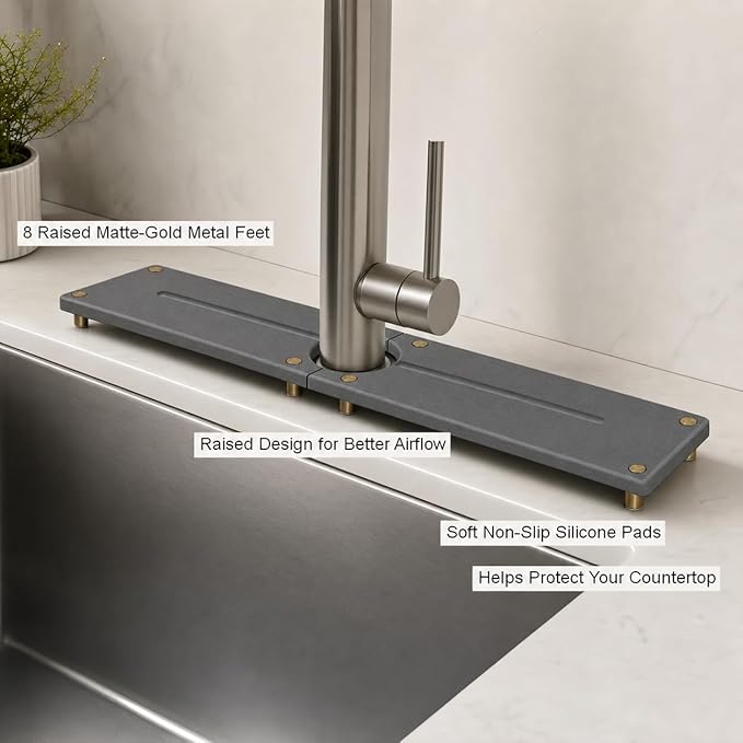 Stone Faucet Mat for Kitchen Sink, Water Absorbing Sink Tray Organizer for Bathroom Counter, Diatomite Soap Dish Coaster Caddy Riser, Sponge Holder Dispenser Mat, Gold Dark Gray, 23.6" x 4"