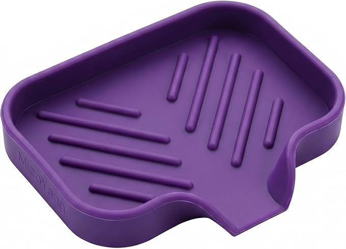 MicoYang Silicone Soap Dish with Drain Spout — Self-Draining Sink Organizer Tray for Bathroom & Kitchen, Holds Bar Soap, Sponges & Dispensers, Non-Slip & Dishwasher Safe, Purple (Small, 4.9"×3.2")