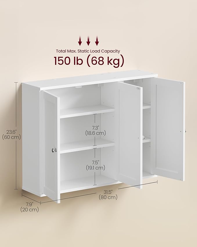 VASAGLE Siren Collection - Bathroom Wall Cabinet, Hanging Bathroom Storage Cabinet, for Medicines, Farmhouse, 4 Adjustable Shelves, 7.9 x 31.5 x 23.6 Inches, Cloud White UBBK350WB01S