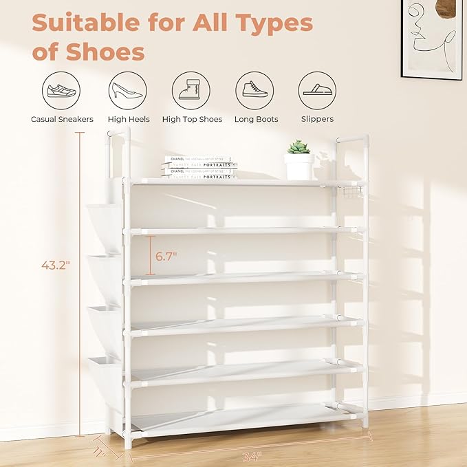 6 Tier Shoe Rack Storage for 24-30 Pairs Shoe and Boot, White