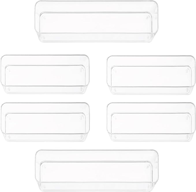 Six Pcs. Plastic Clear Drawer Organizers. Stackable Storage Trays for Kitchen