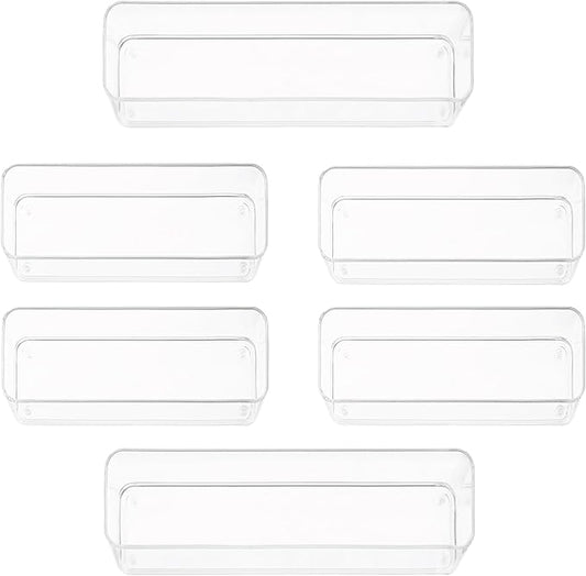 Six Pcs. Plastic Clear Drawer Organizers. Stackable Storage Trays for Kitchen