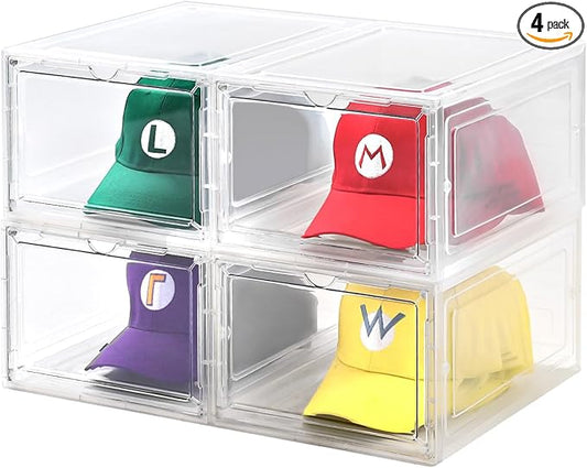 4 Pack Clear Hat Storage Box, Stackable with Magnetic Door, Holds 8 Hats Each