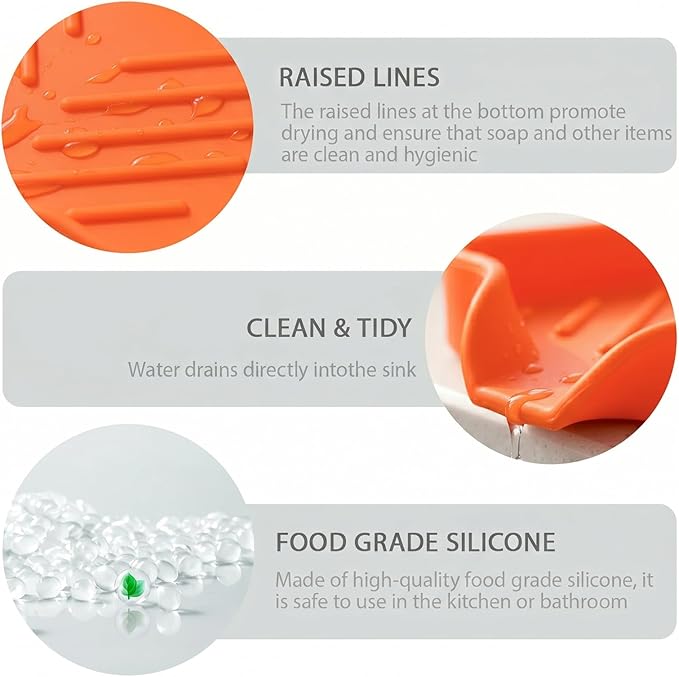 MicoYang Silicone Soap Dish with Drain Spout — Self-Draining Sink Organizer Tray for Bathroom & Kitchen, Holds Bar Soap, Sponges & Dispensers, Non-Slip & Dishwasher Safe, Orange (Small, 4.9"×3.2")