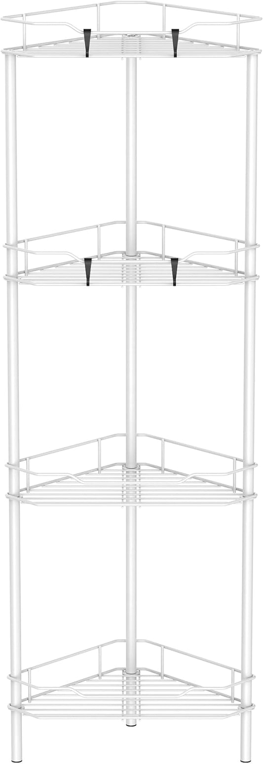 4 Tier Floor Standing Corner Shower Caddy Organizer Shelf with Hooks, White