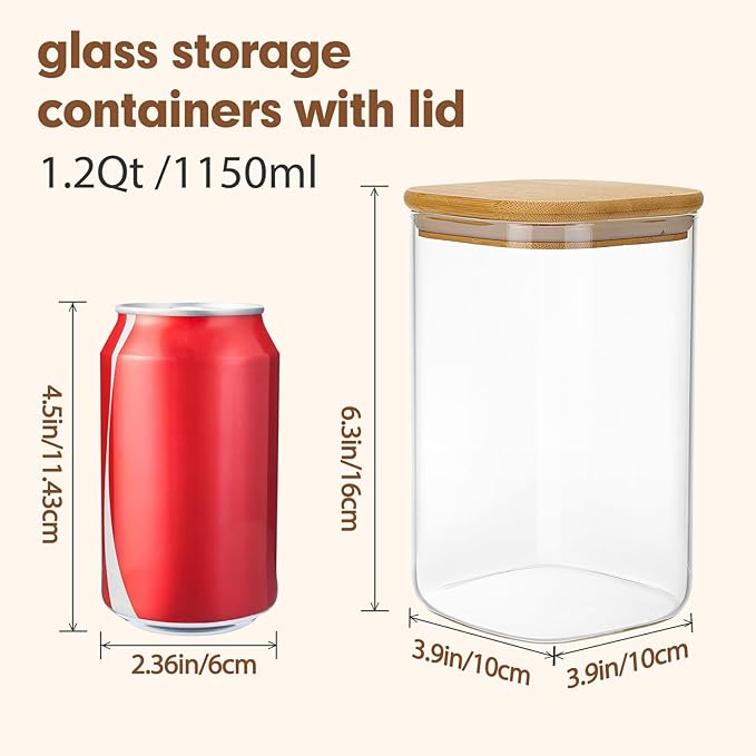 6 Pack 1.2qt Square Glass Storage Containers with Bamboo Press Lids