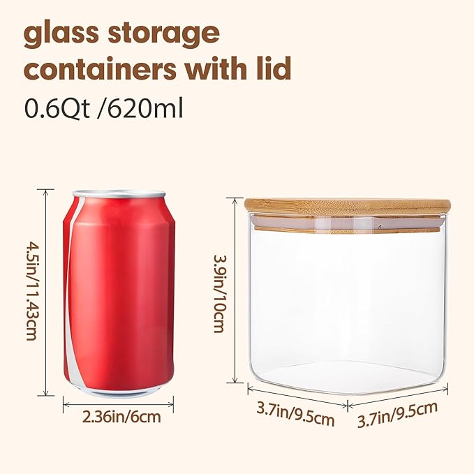 Moretoes 6 Pack 0.6qt Square Glass Storage Containers with Bamboo Lids, Airtight Food Storage Jars for Pantry, Spices, Dry Goods